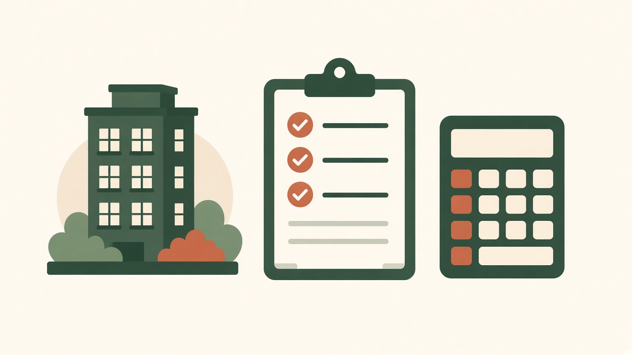 Illustrative graphic of a multifamily underwriting checklist with rent roll and scenario cards — not a real property photo